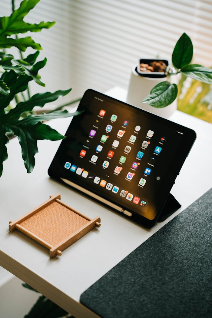 Services-03 Tablet on a desk surrounded by plants in a modern workspace setting.