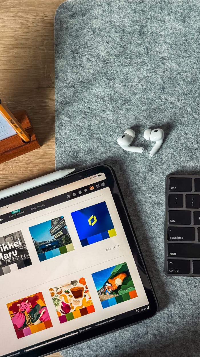 our-story A top view of a sleek workspace featuring an iPad, AirPods, and keyboard on a felt surface.